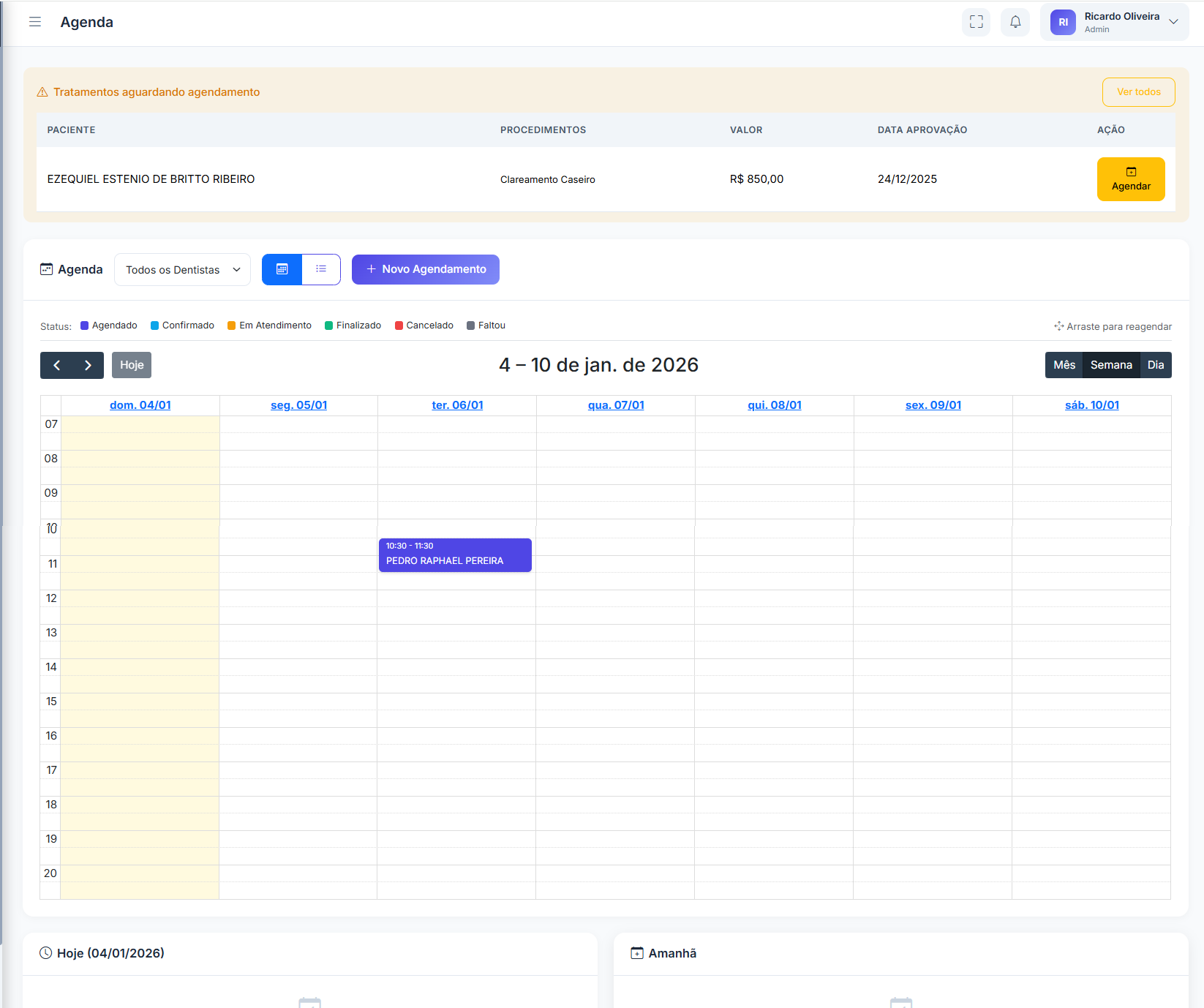Calendário de agendamentos com visualização semanal