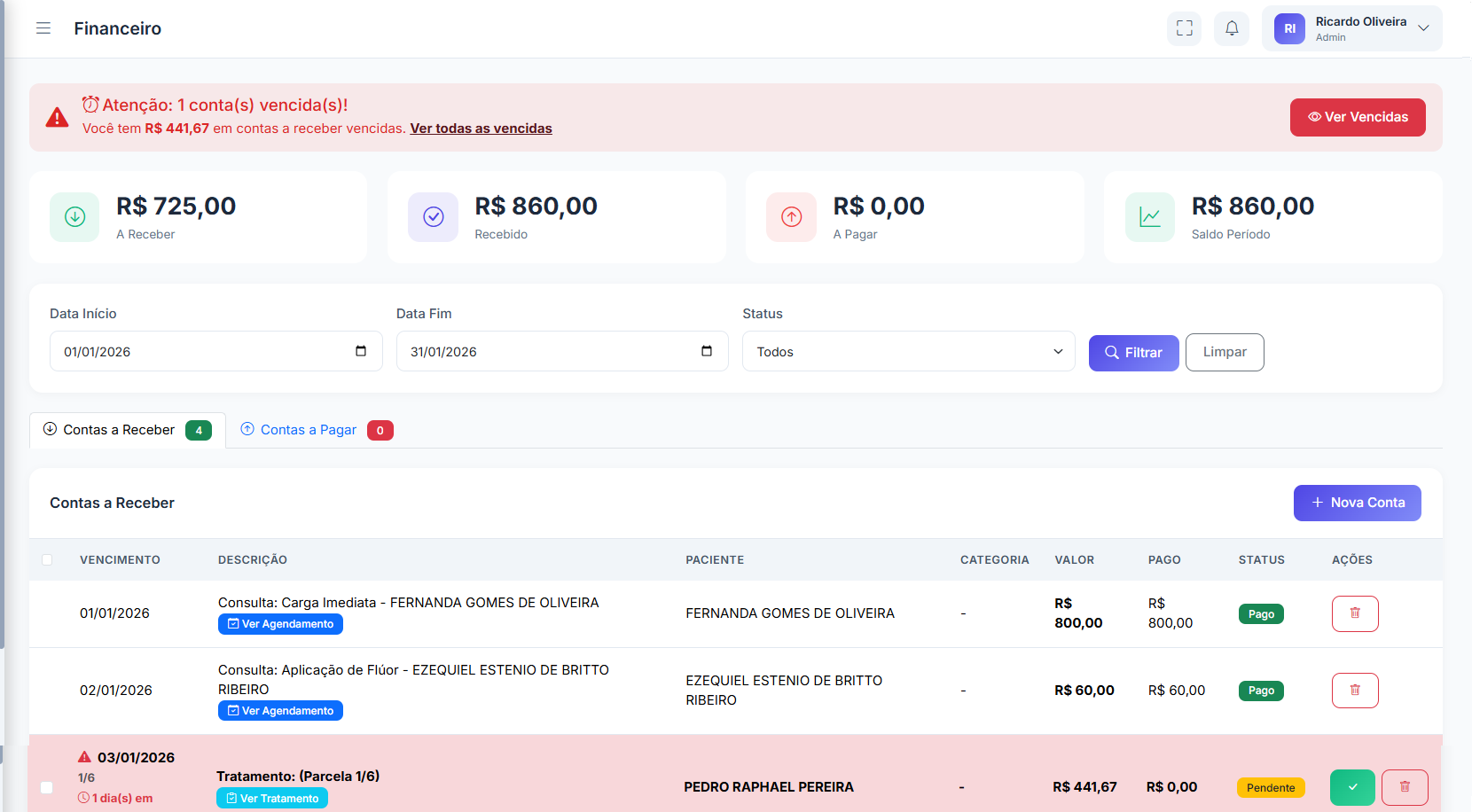 Módulo financeiro com contas a receber e pagar